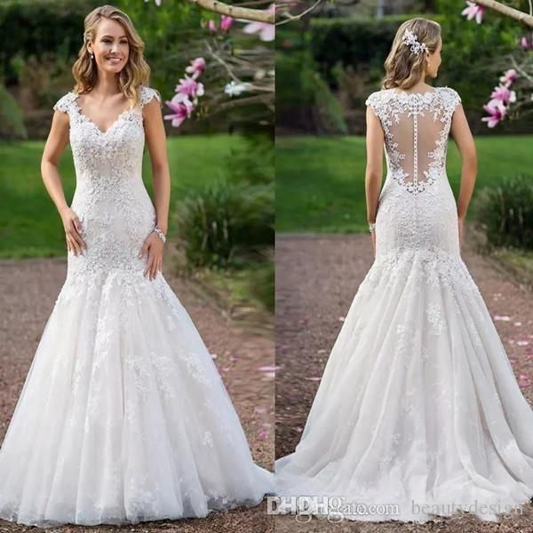 

2019 style wedding dresses illusion bodice lace applique mermaid sweetheart sweep train bridal gowns with button wedding gowns, White