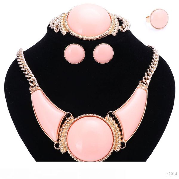 

women party bridal fine african beads jewelry sets for wedding dress accessories pink resin gem necklace earrings rings sets, Slivery;golden