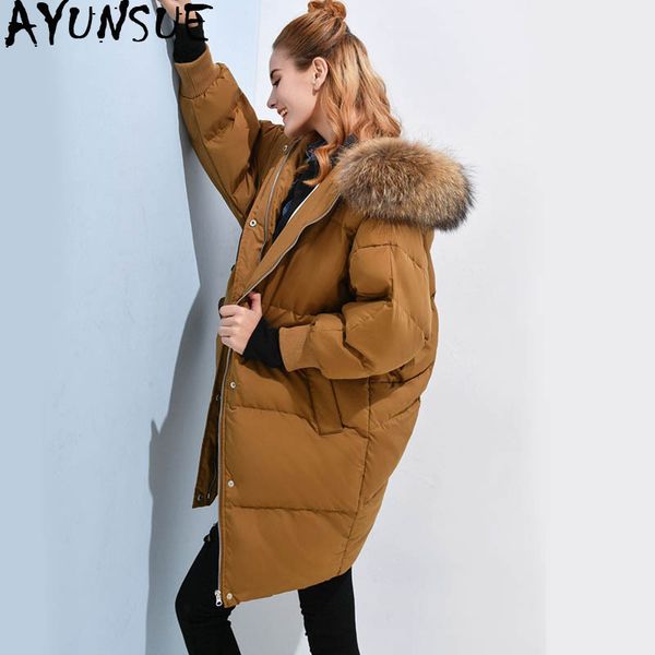 

ayunsue women's jackets white duck down jacket korean long coat women big racoon fur hood loose puffer coats female parka kj732, Black