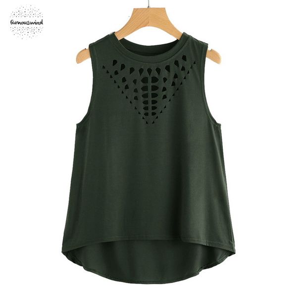 

2019 summer loose tank hollow out round neck fit women slim clothing yellow casual femme cotton tank tee, White