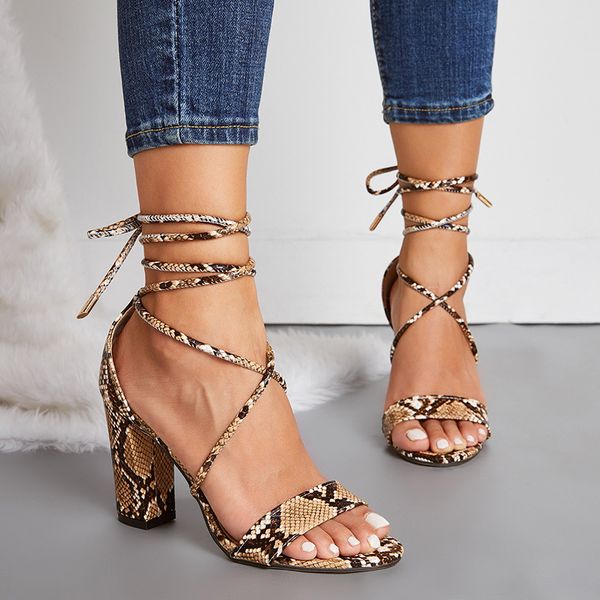 

summer strap leopard cross-tied sandals women's chunky high heels thick heel woman sandal new design fashion sandal toe strap sandal, Black