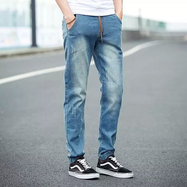 

men's jeans wholesale 2021 elastic waist ripped hole young men korean spring feet loose harem casual denim pants, Blue