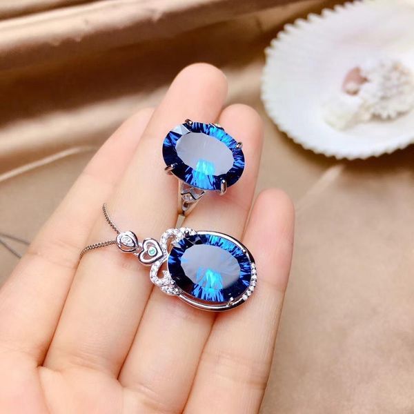 

ocean blue z gemstone jewelry set including ring earrings necklace with 925 silver, Black