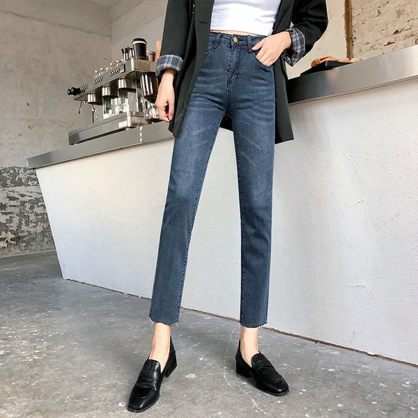 

greyish black jeans women's capri straight-leg pants retro washing pants flash trousers high-waisted slim fit cowboy capri, Blue