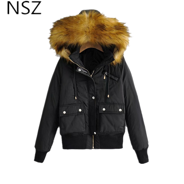 

nsz women large raccoon fur collar hooded bomper jacket parka coat thick warm 2019 new cotton padded coat quilted outwear, Tan;black
