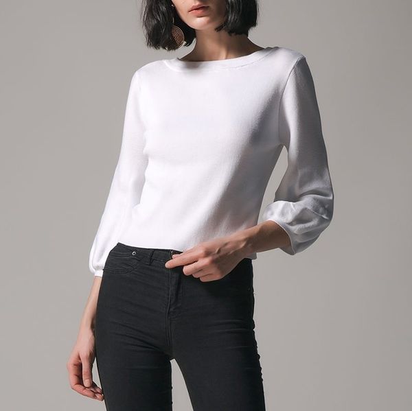 

women sweaters 2020 autumn lace up lantern sleeve blusas casual knitwear female basic jumper solid white pullover knitted 7, White;black