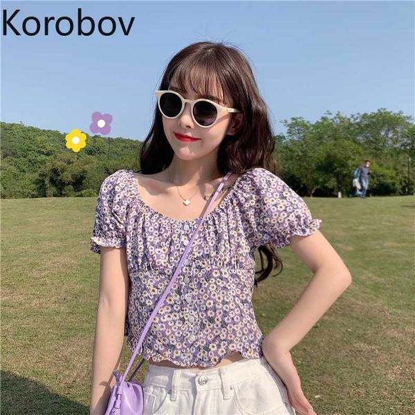 

korobov 2020 summer new arrival women blouses vintage puff sleeve korean shirts sweet chic print button crop blusas mujer, White