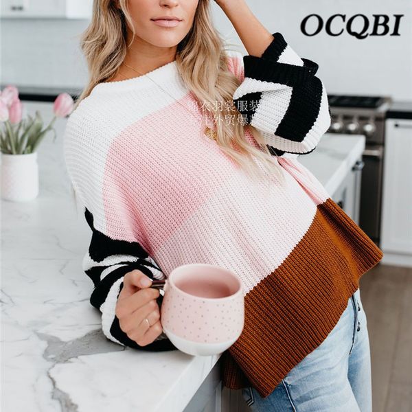 

2019 new arrival korea style casual patchwork sweater women round neck stripe sleeves sweater, White;black