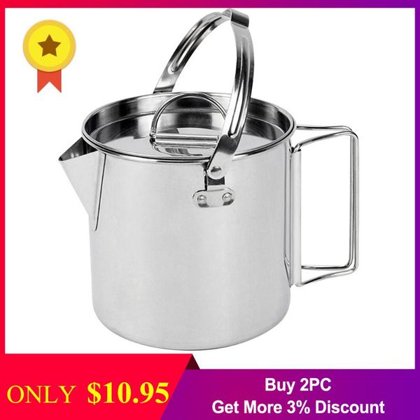 

1.2l outdoor hanging pot stainless steel camp cup camping soup coffee pot foldable handle water kettle with cover