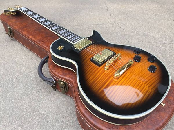 

custom 1959 flame maple amber sunburst electric guitar 5 ply body binding rosewood fingerboard trapezoid white mother of pearl inlay