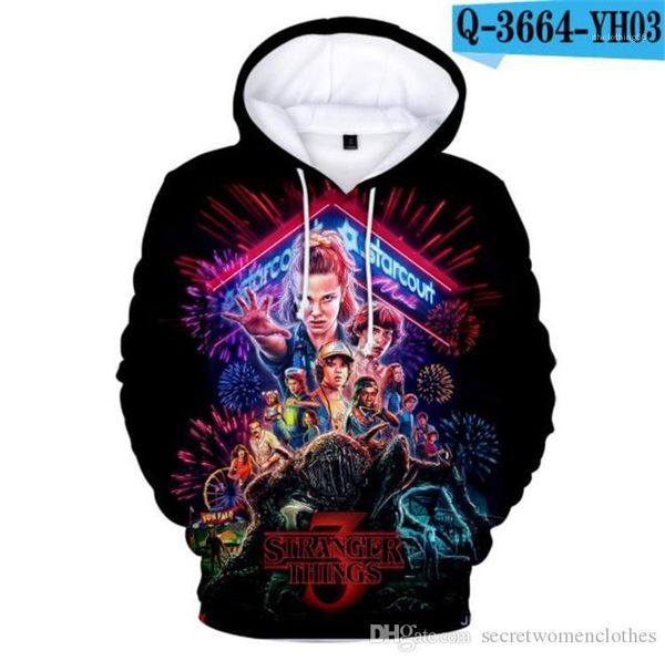 

digital printed long sleeve hooded teenager sweatshirts fashion couples apparel stranger things designer mens hoodies 3d, Black