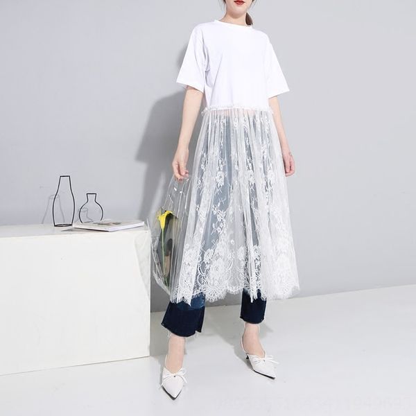 

zhongchuang rizhen lace swing skirt stitching short-sleeved t-shirt women's dress skirt skirts t-shirt female dress 463, White