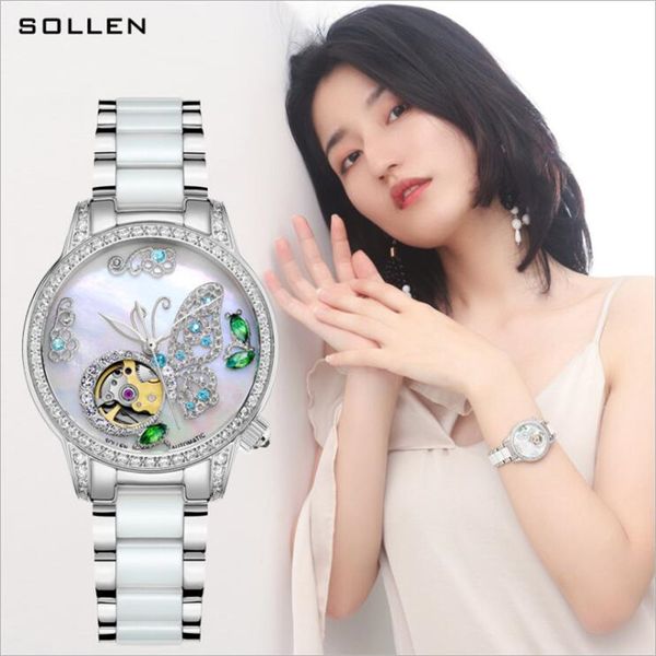 

sollen women's bracelet watches dazzle beauty sspace ceramic girls automatic mechanical watch wrist watch female, Slivery;brown