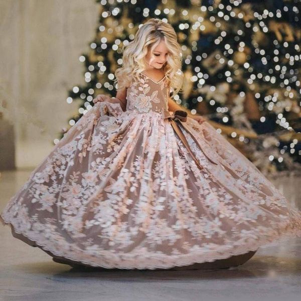 

luxury flower girls dresses 3d lace embroidery appliques kids pearls evening gowns tulle sleeveless girls pageant dress, White;red