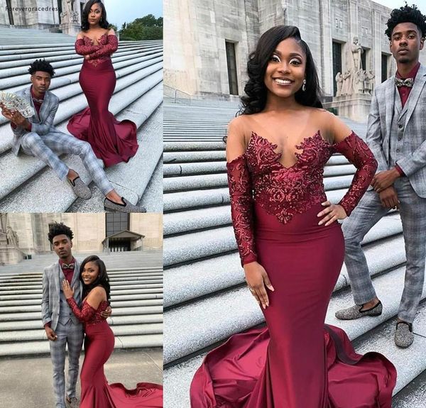 

african black girls prom dress burgundy mermaid long sleeve formal pageant holidays wear graduation evening party gown plus size, White;black