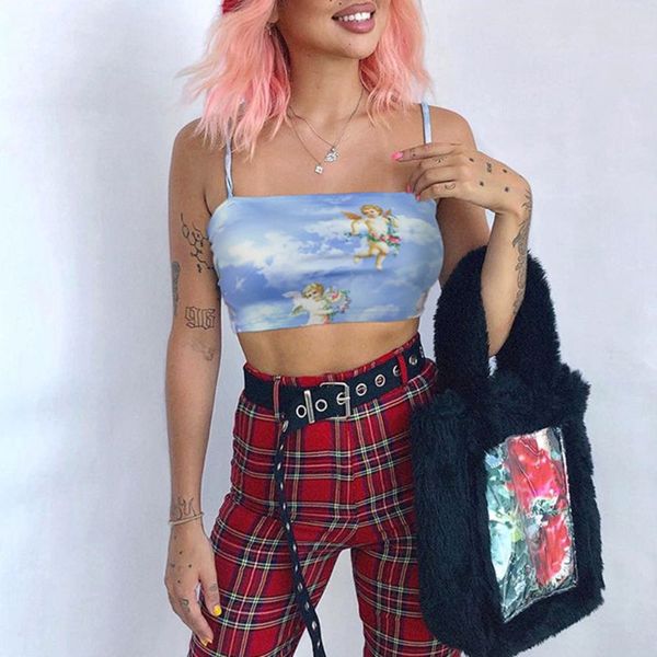 

women summer sleeveless tube crop cupid angel floral print off shoulder camisole spaghetti strap sling vest clubwear, Gray;blue