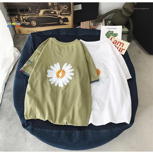 

mens daisy print loose tshirt short sleeve hip hop style male summer casual tees, White;black