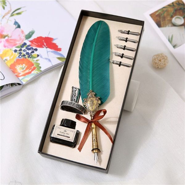 

retro classical feather quill dip english calligraphy fountain pen with writing ink 5 nibs kit set stationery gift box