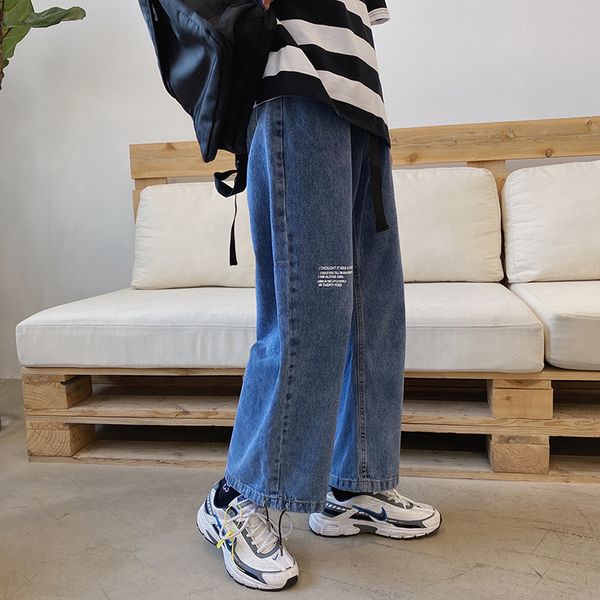 

ripped jeans pants for homme men streetwear style wide-leg loose straight casual nine points beam thin denim overalls, Blue