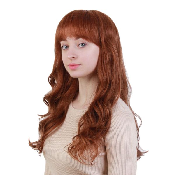 

light brown human hair wigs long curly body wavy layered wig with bangs for women,natural looking wigs, Black