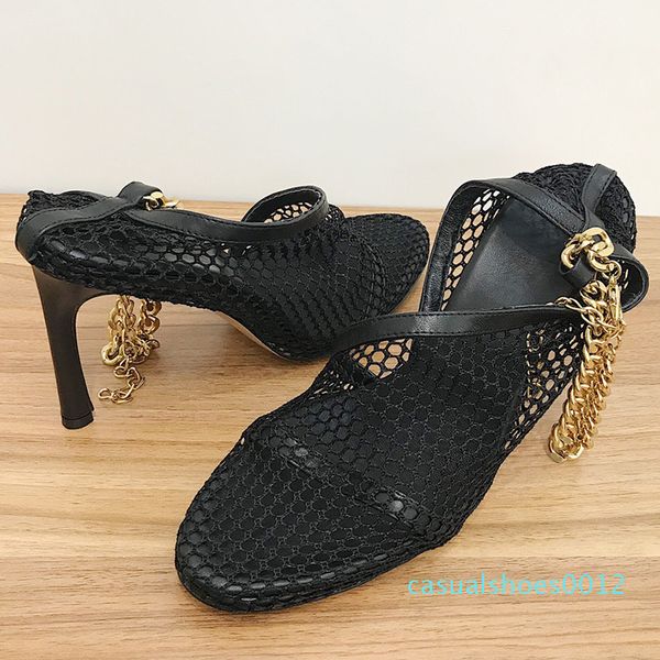

new fashion luxury designer womens suede sandals covered with mesh fabric gold polished thick chain party pointed high heels c12, Black