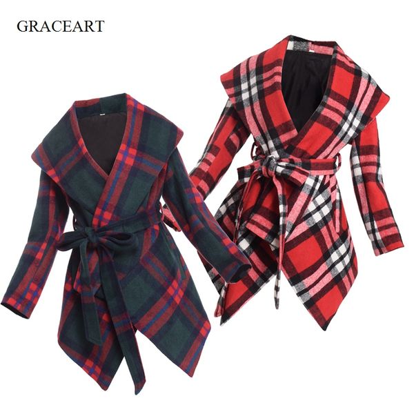 

women winter autumn short plaid irregular woolen lapel jacket v neck belt coat, Black