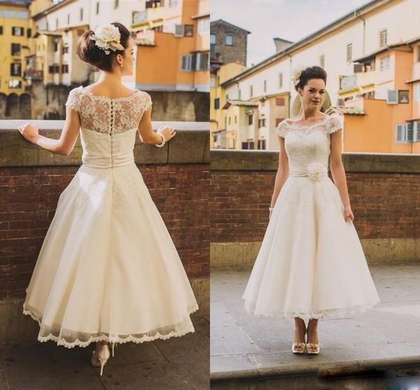 Bola simples vestidos de casamento vestidos de jóia pescoço manga curta tulle applique mão feita flor vestidos de casamento tornozelo comprimento robe de mariée