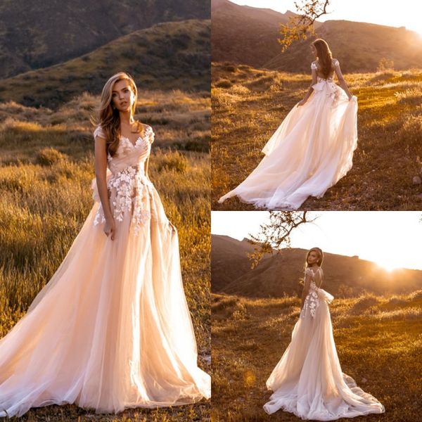 

кристалл свадебные платья 2019 sexy v-образным вырезом спинки кружева аппликации свадебные платья летний сад a-line свадебное платье robe de, White