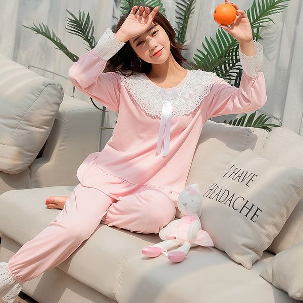 

2019 spring women pajamas sets soft cotton pyjamas femme sleepwear suit lace night home wear girl nightwear pijama mujer, Blue;gray