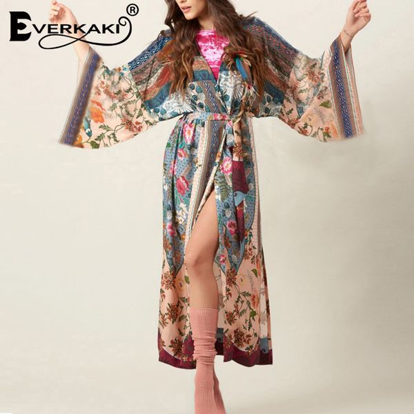 

everkaki kimono vintage loose floral printed open stitch sleepwear coat bohemian sash belted long sleeve kimono, Tan;black