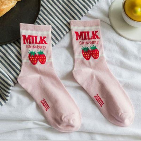 

girls in tube daily wear elastic strawbbery pattern warm cute sweet soft cotton blend socks, Black;white