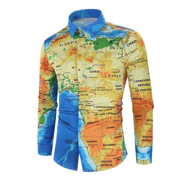 

new map digital printing men's fashion casual long-sleeved shirt, White;black