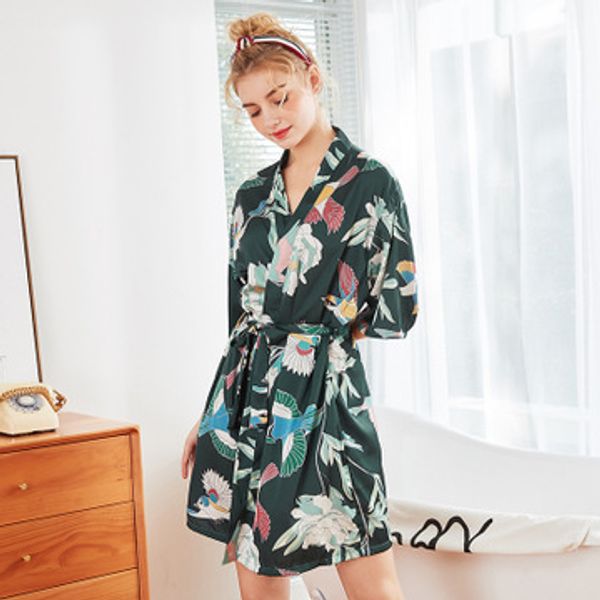 

daeyard silk satin floral print short kimono robe wedding bride bridesmaid robe half sleeve sleepwear women summer dressing gown, Black;red