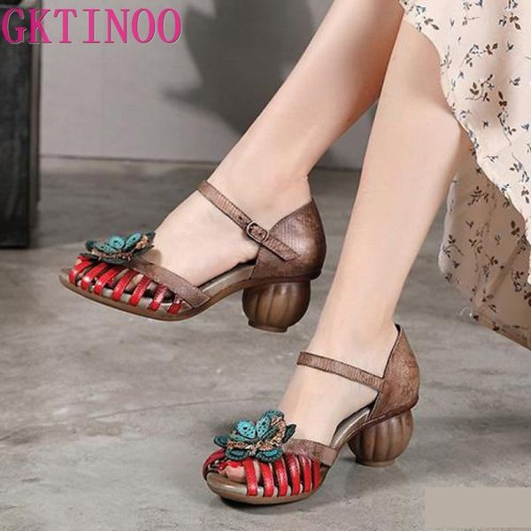 

gktinoo genuine leather retro buckle strap casual summer sandals floral high heel strange style peep toe handmade women shoes, Black