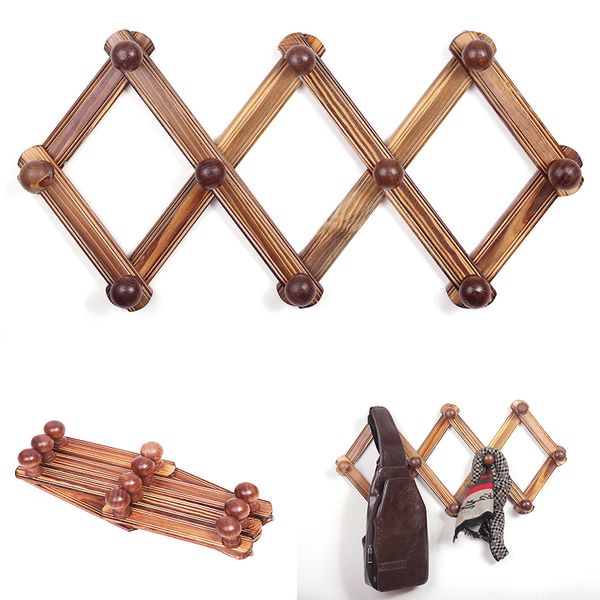 

10-hook rustic wood expandable accordion peg coat rack hanger wall mounted coat rack