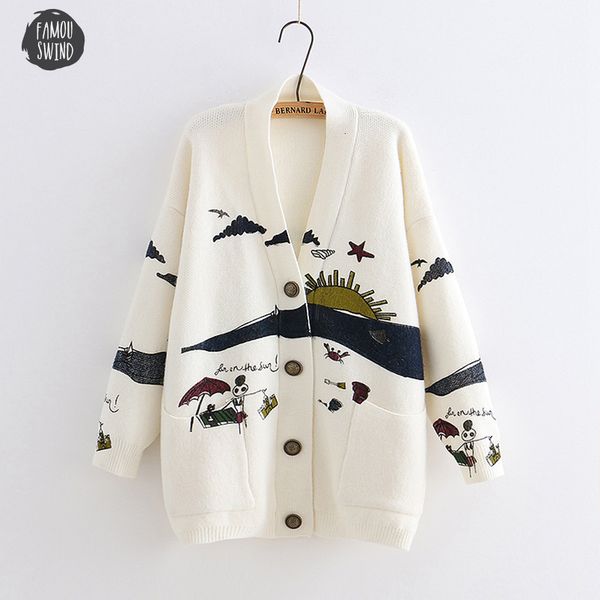 

woman spring sweater knitting 2019 winter japanese mori animal print girl v neck jacquard cardigan sweater new drop shipping, White;black