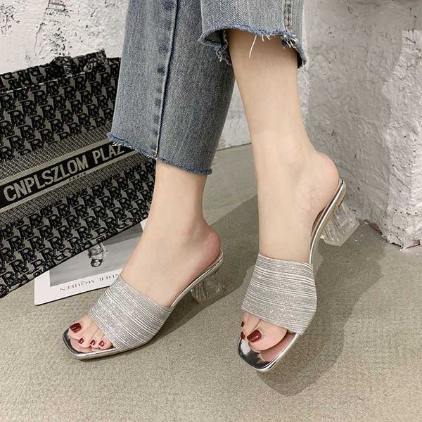 

sequin clear heels slippers women shoes summer 2020 square toe slippers women transparent high heel sandals slides, Black