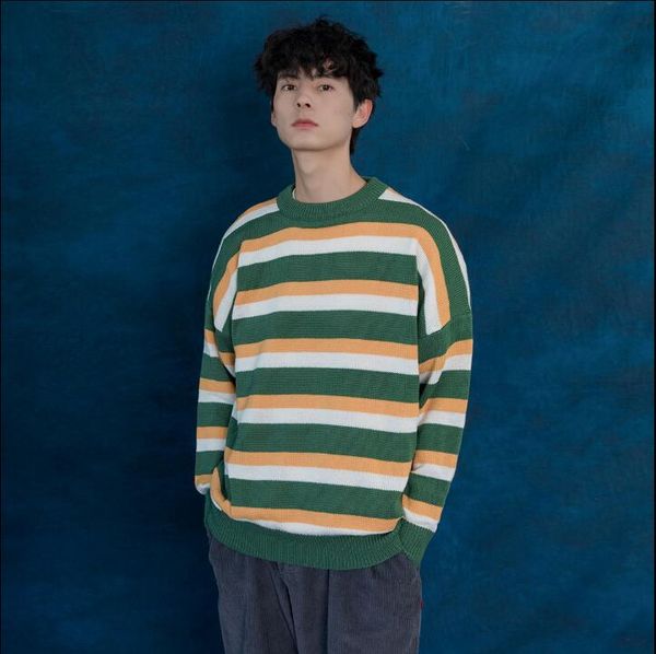 

good quality autumn and winter men's striped contrast color thick knit sweater o-neck pullovers sweater korean coat tb3818, White;black