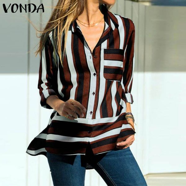 

vonda women blouse turn-down collar long sleeve elegant ladies striped shirt 2019 autumn casual loose blusas plus size, White
