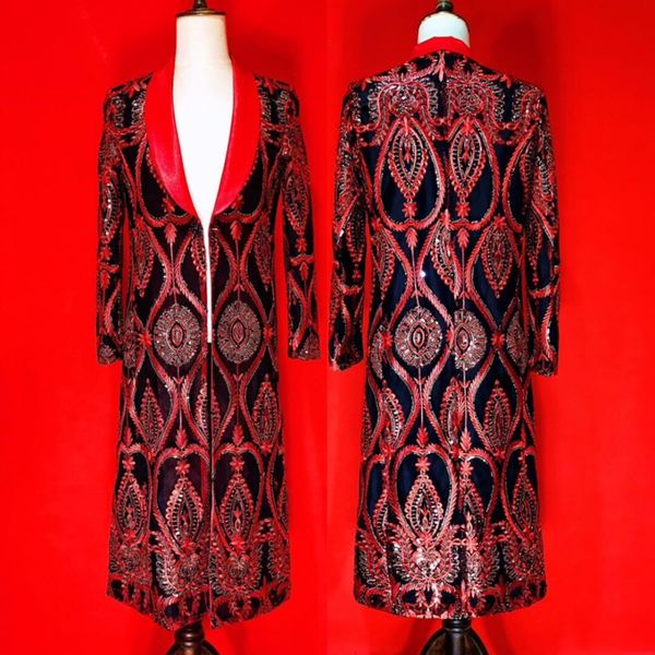 

fashion embroidery black red pattern men's jacket men singer dance show nightclub outfit prom party clothes long outfit