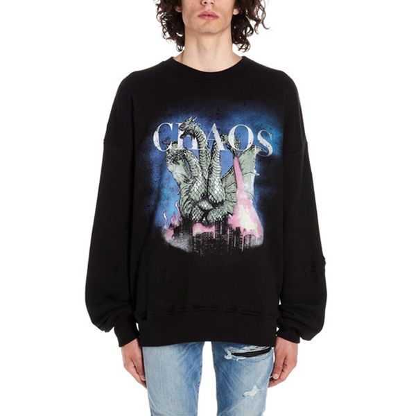 

19ss am1r1 chaos printing long sleeve sweatshirt pullover hole highstreet fashion black men women three-headed dragon