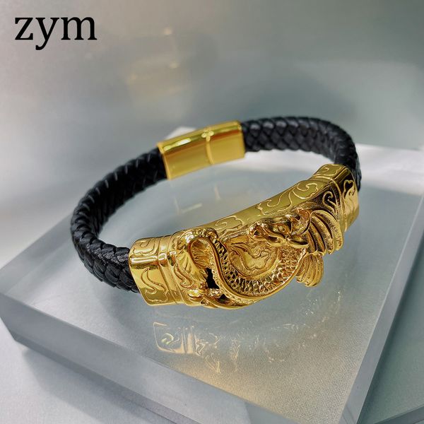 

zymbrand stainless steel dragon bracelet leather bracelet punk style fashion retro men's leather rope, Golden;silver
