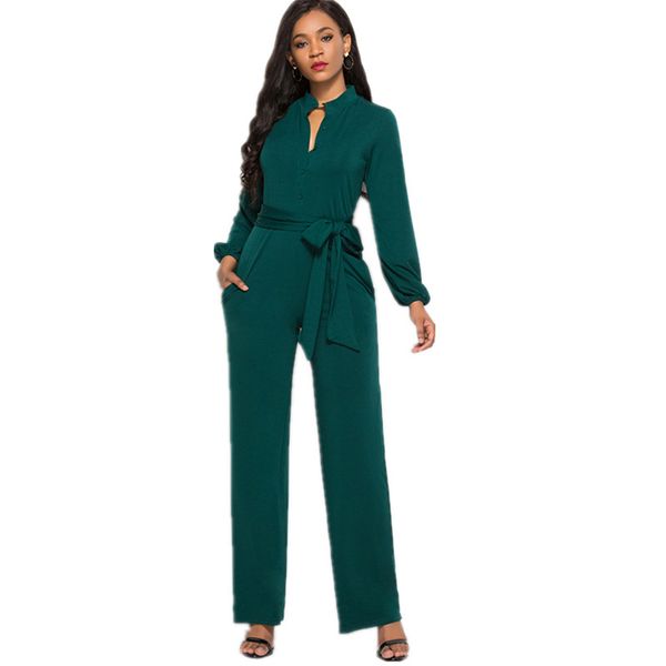 

spring fashion women's waist drop-shaped neckline with button and belt wide-leg jumpsuit office lady solid color streetwear, Black;white