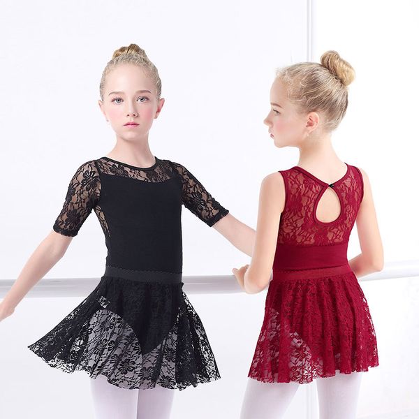 

girls ballet dress gymnastic leotards lace skirted leotards long sleeve kids toddler gymnastic swimsuit for dancing, Black;red