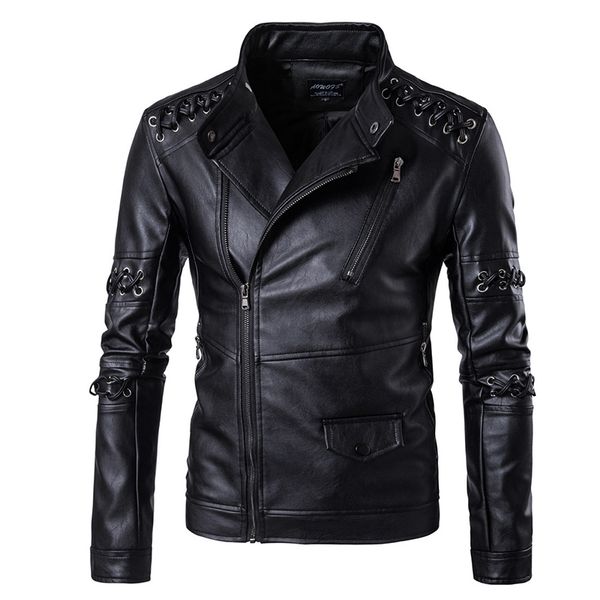 

m-5xl men black casual winter coat leather clothes stand neck the new personalized woven rope collar men's leather motorcycle