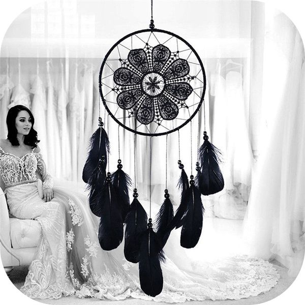 

black feather lace dreamcatcher handmade wind chimes hanging pendant dream catcher home wall art hangings decorations (dia 7.8" length