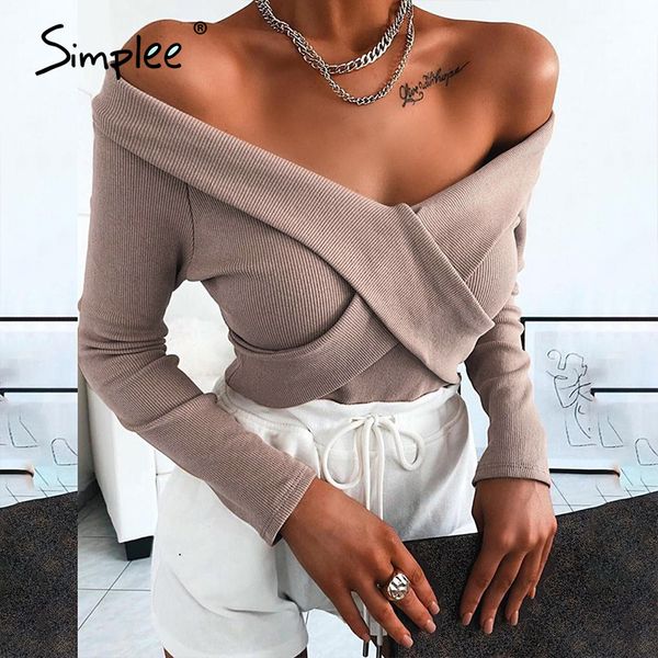 

simplee off shoulder knitted sweater women v neck spring autumn casual pullover elegant jumpers sweater pull femme 2020, White;black