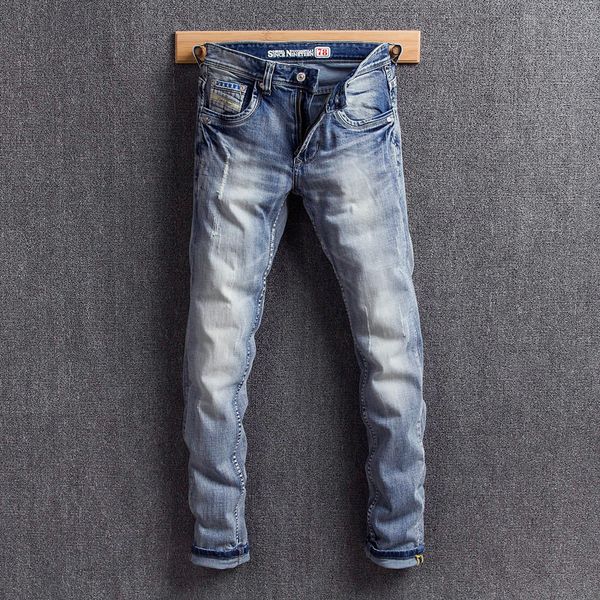 

vintage designer men jeans blue color white wash slim fit ripped jeans men printed elastic denim pants fashion classical