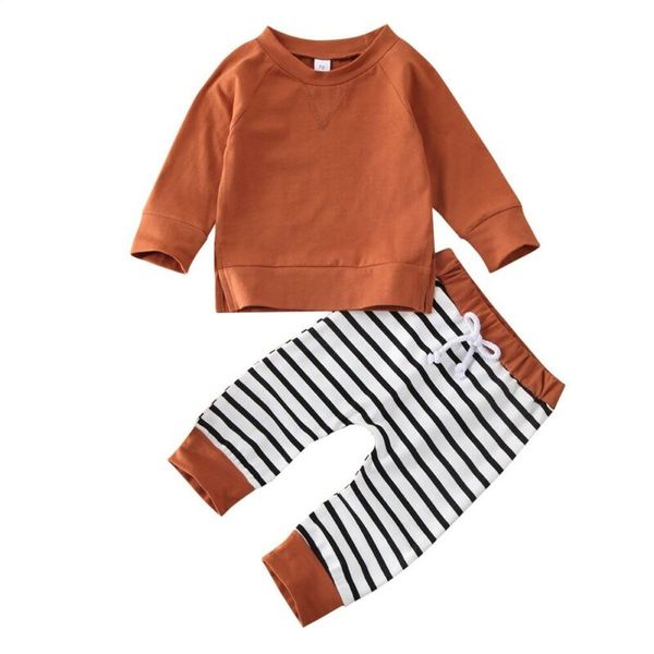 

2020 casual toddler kids baby boy girl clothes solid t-shirt +striped long pants spring cotton outfits set