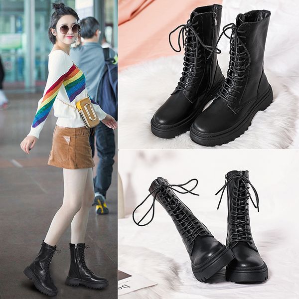 

autumn and winter leather women's boots ins boots female british wind high to help thick with motorcycle, Black